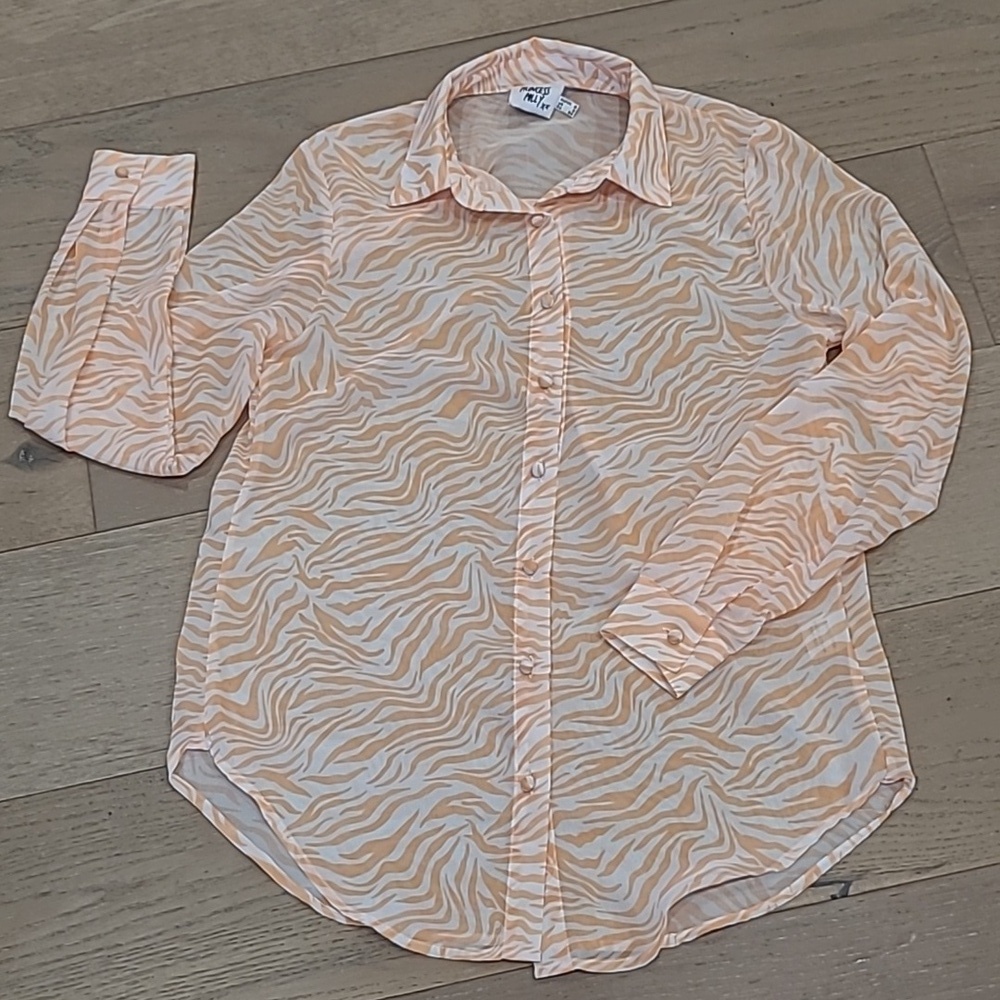 EUC Princess Polly Sheer Orange Zebra Print Button Down Shirt Women's sz 2